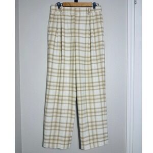 Wilfred Aritzia Plaid Trousers Size 10 Tan Cream Wide Leg Pleated Fall Office